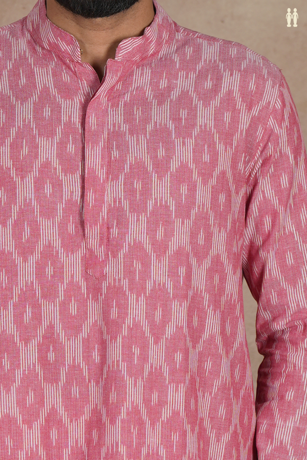 Chinese Collar Ikat Buttas Dusty Pink Cotton Long Kurta