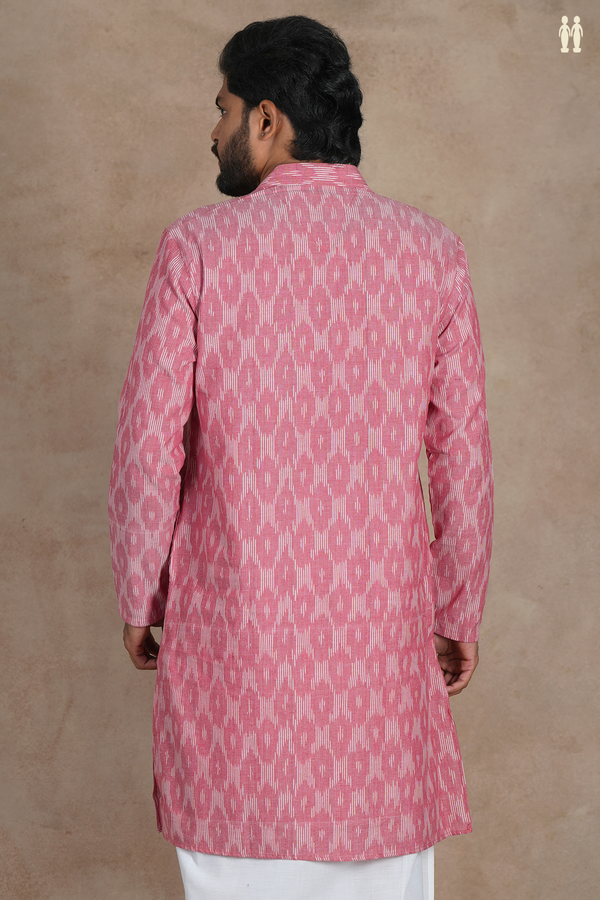 Chinese Collar Ikat Buttas Dusty Pink Cotton Long Kurta
