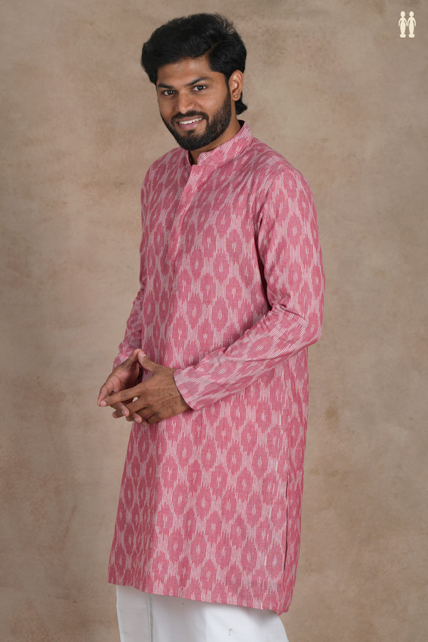 Chinese Collar Ikat Buttas Dusty Pink Cotton Long Kurta