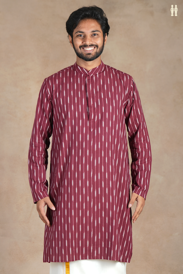 Chinese Collar Stripes Design Burgundy Red Cotton Long Kurta