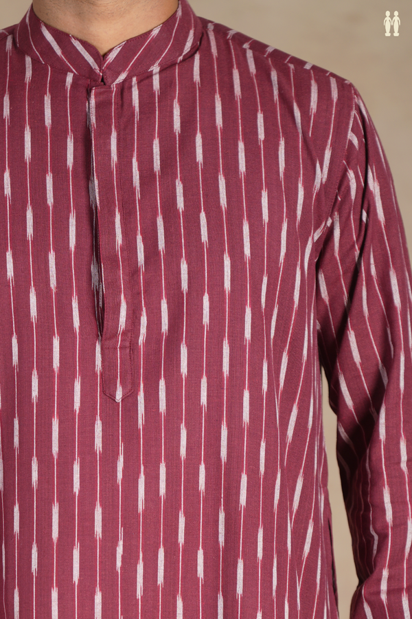 Chinese Collar Stripes Design Burgundy Red Cotton Long Kurta