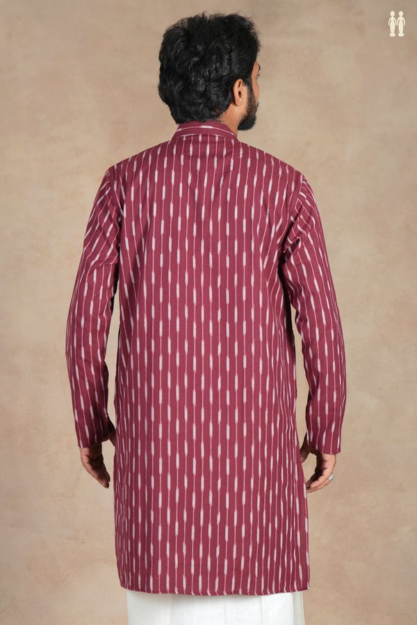 Chinese Collar Stripes Design Burgundy Red Cotton Long Kurta