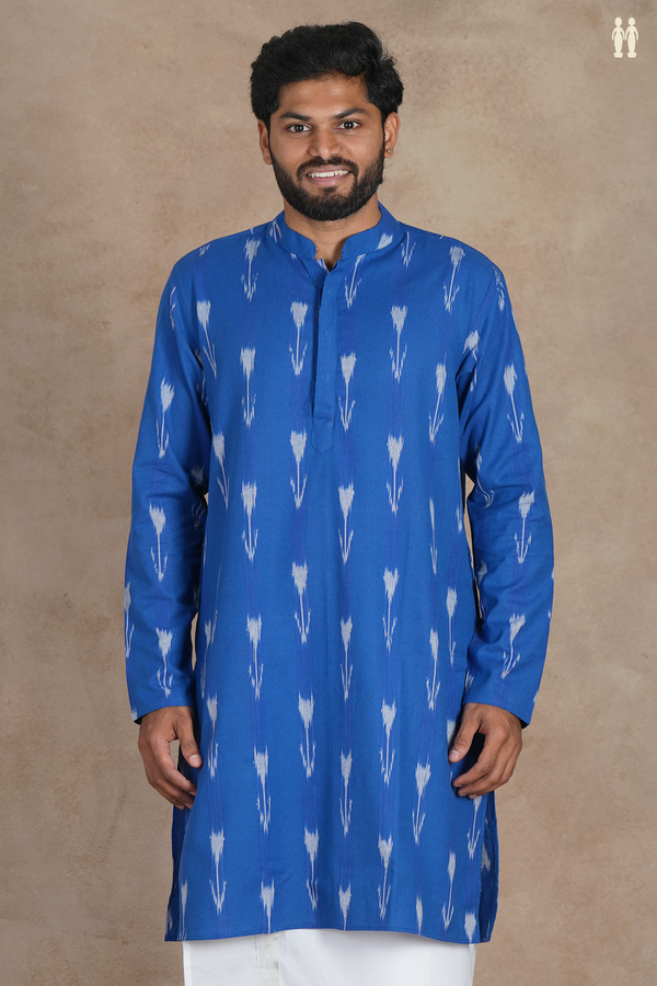 Chinese Collar Ikat Motifs Royal Blue Cotton Long Kurta