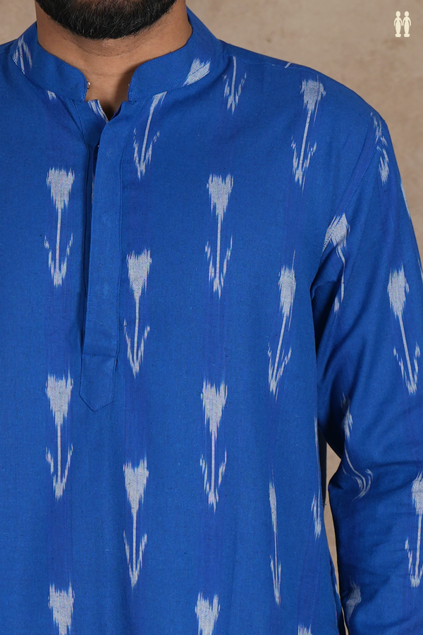 Chinese Collar Ikat Motifs Royal Blue Cotton Long Kurta