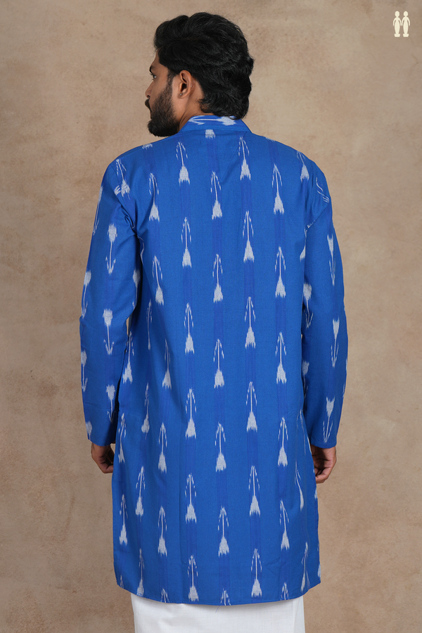 Chinese Collar Ikat Motifs Royal Blue Cotton Long Kurta