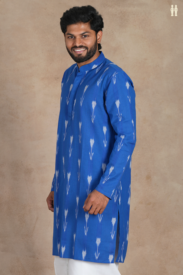 Chinese Collar Ikat Motifs Royal Blue Cotton Long Kurta