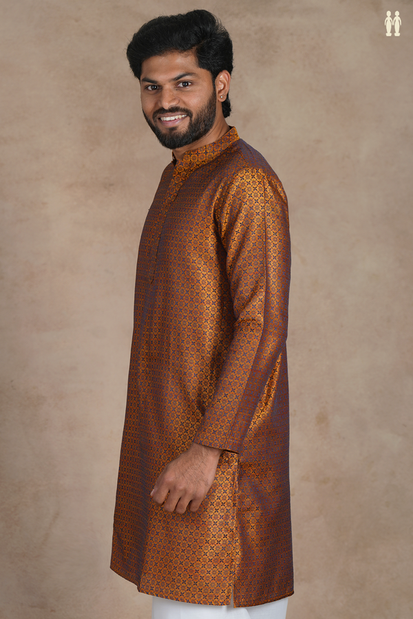 Chinese Collar Threadwork Design Brown Semi Banaras Long Kurta