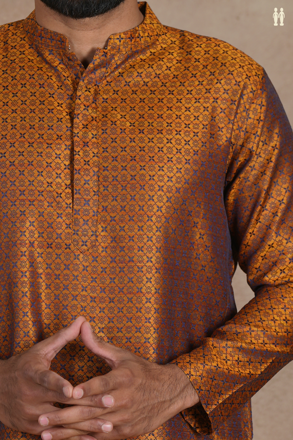 Chinese Collar Threadwork Design Brown Semi Banaras Long Kurta