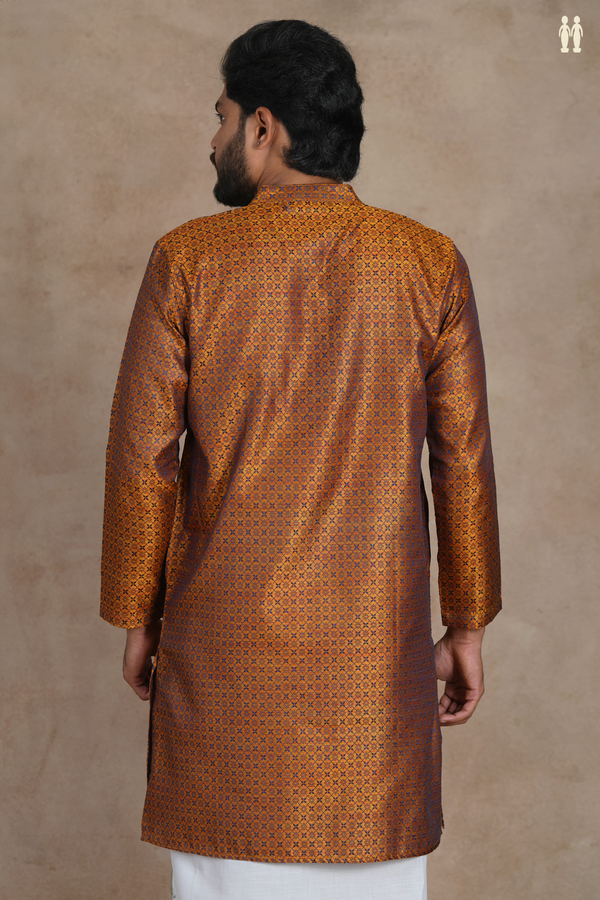 Chinese Collar Threadwork Design Brown Semi Banaras Long Kurta