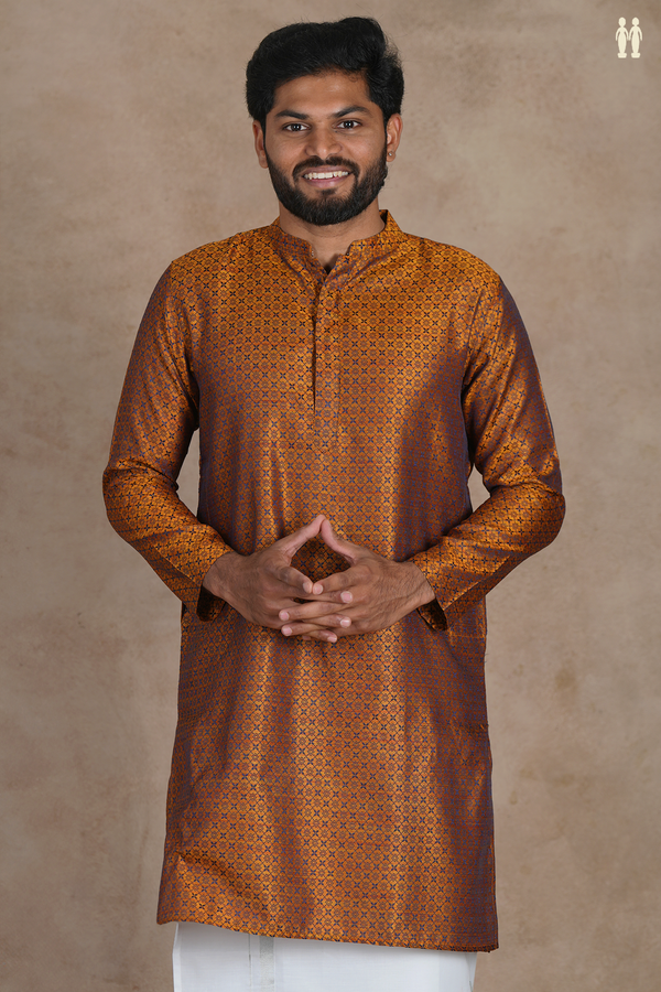 Chinese Collar Threadwork Design Brown Semi Banaras Long Kurta