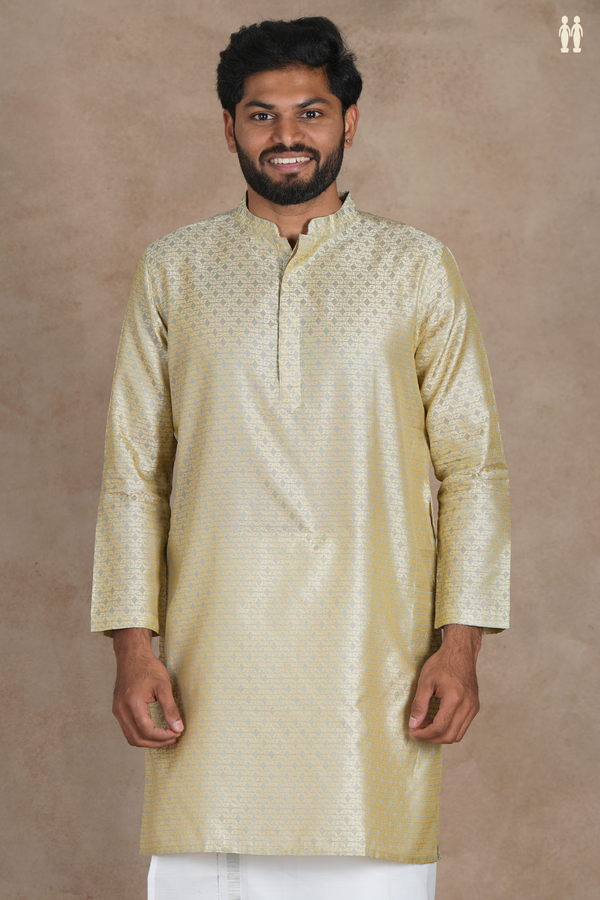 Chinese Collar Threadwork Light Yellow Semi Banaras Long Kurta