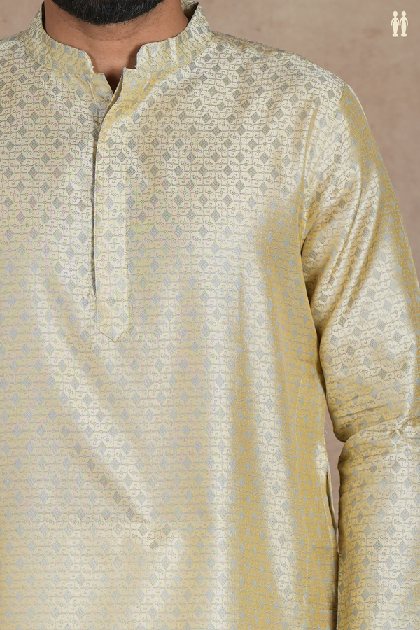 Chinese Collar Threadwork Light Yellow Semi Banaras Long Kurta