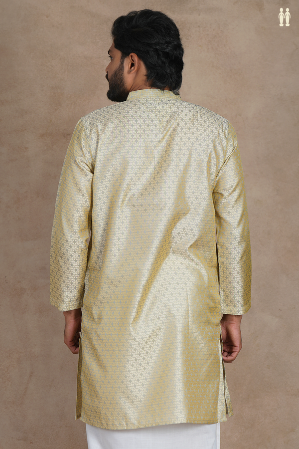 Chinese Collar Threadwork Light Yellow Semi Banaras Long Kurta