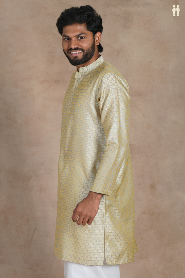 Chinese Collar Threadwork Light Yellow Semi Banaras Long Kurta