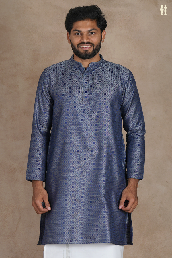 Chinese Collar Threadwork Design Blue Semi Banaras Long Kurta