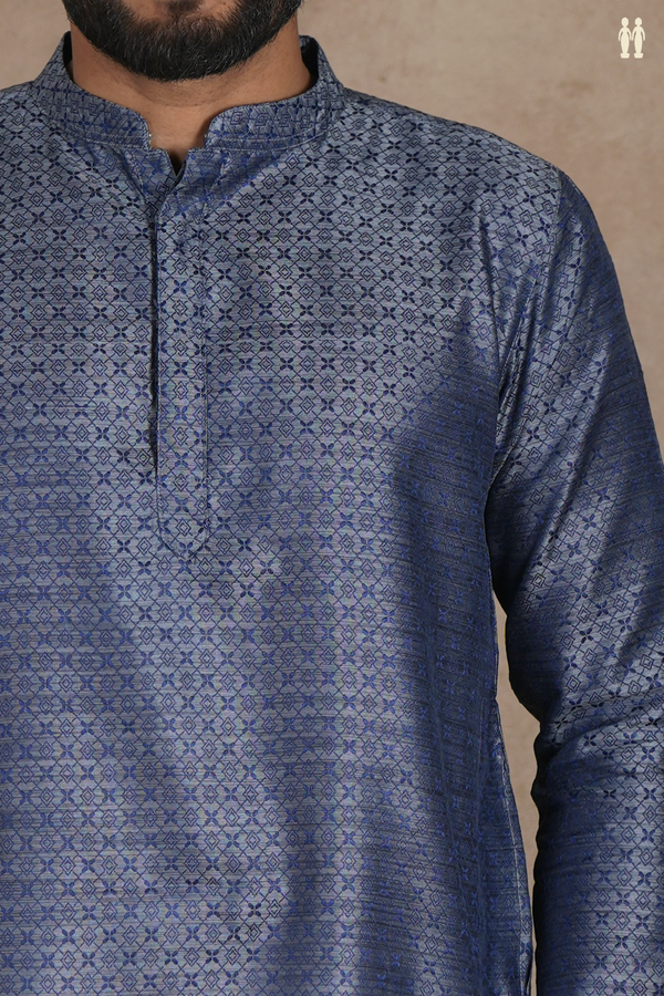 Chinese Collar Threadwork Design Blue Semi Banaras Long Kurta