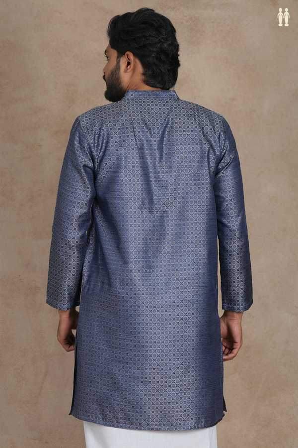 Chinese Collar Threadwork Design Blue Semi Banaras Long Kurta