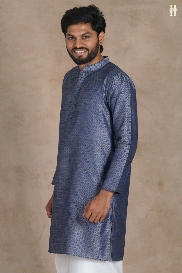 Chinese Collar Threadwork Design Blue Semi Banaras Long Kurta