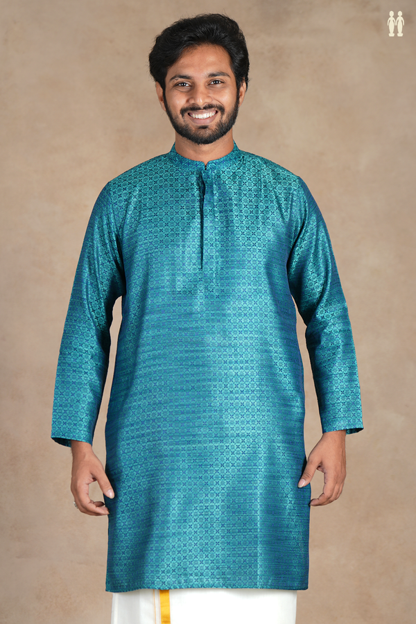 Chinese Collar Threadwork Bluish Green Semi Banaras Long Kurta