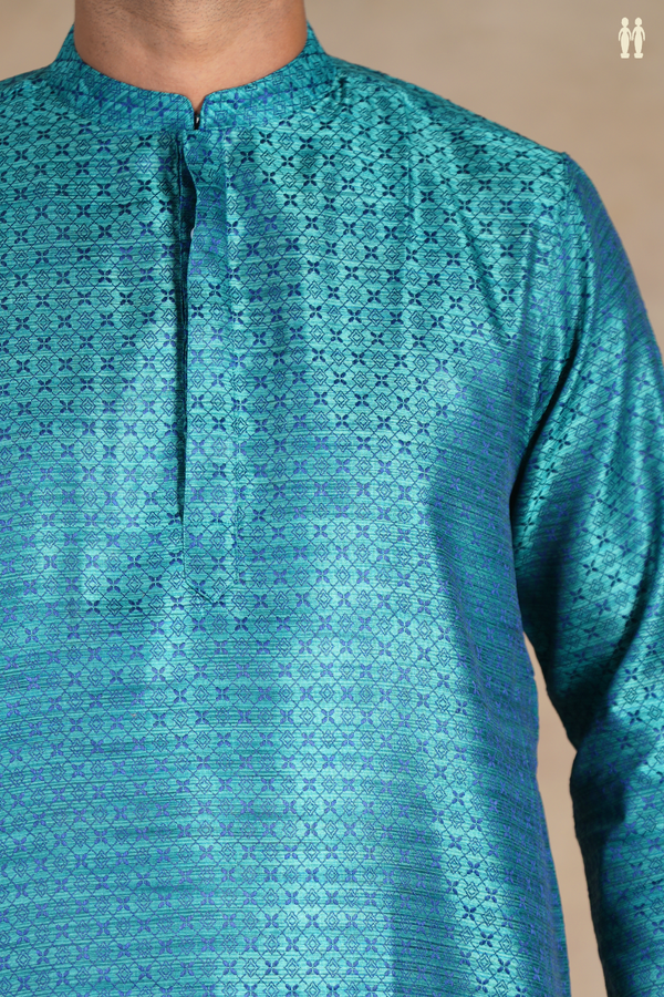 Chinese Collar Threadwork Bluish Green Semi Banaras Long Kurta