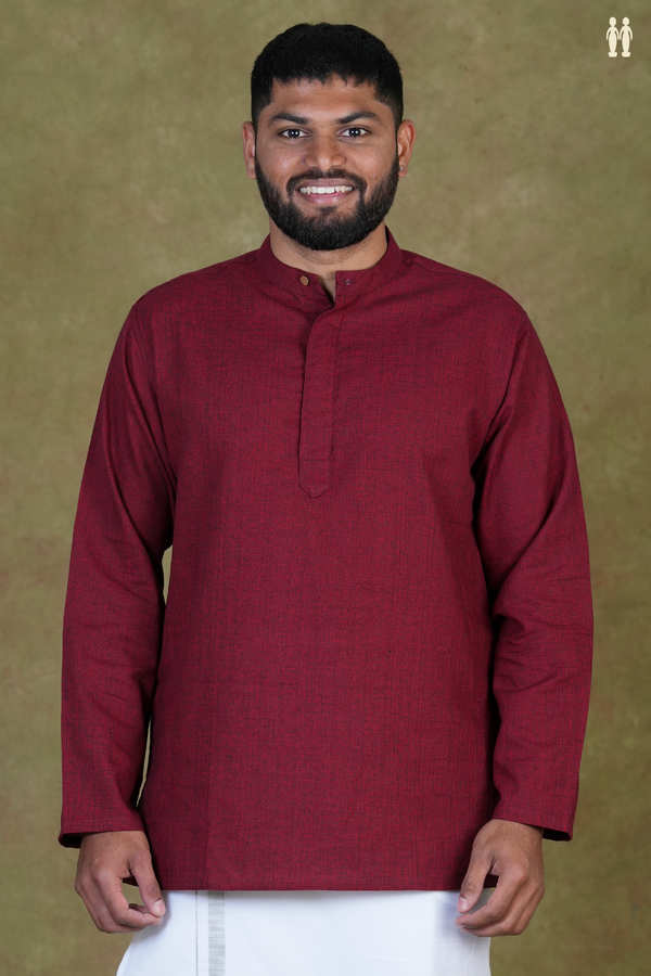 Chinese Collar Plain Burgundy Red Cotton Short Kurta