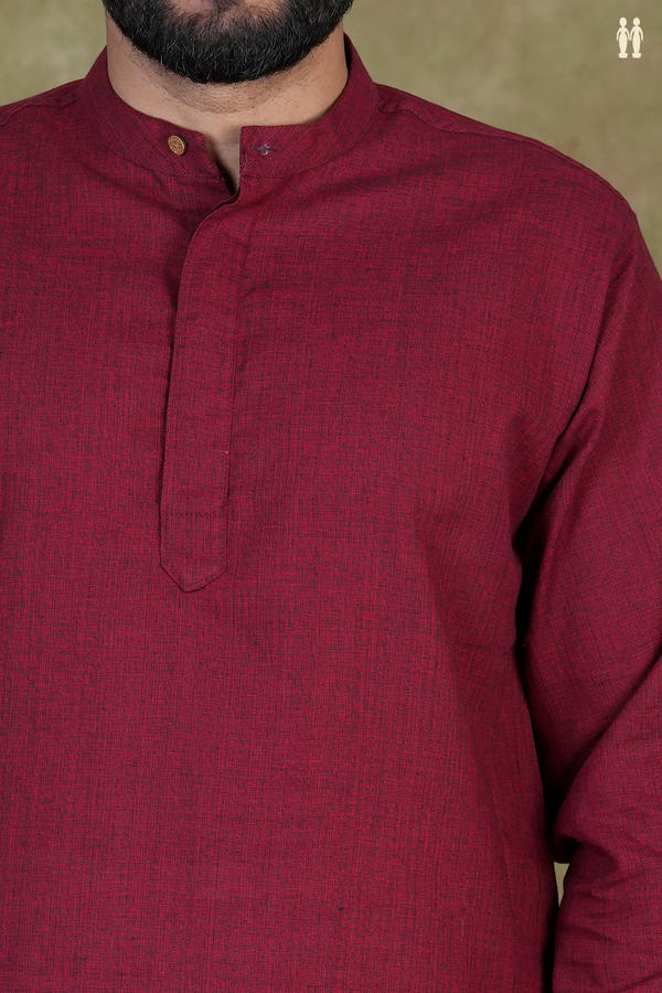 Chinese Collar Plain Burgundy Red Cotton Short Kurta
