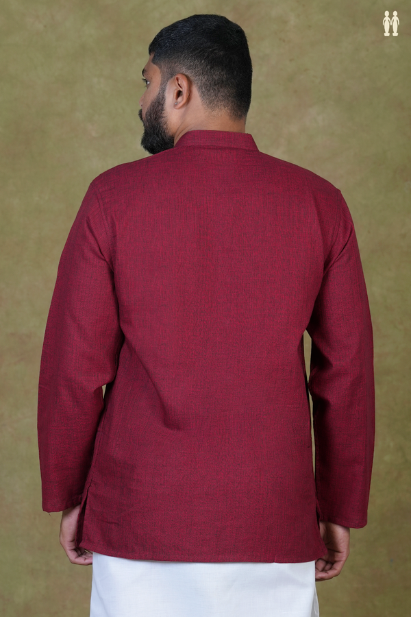 Chinese Collar Plain Burgundy Red Cotton Short Kurta