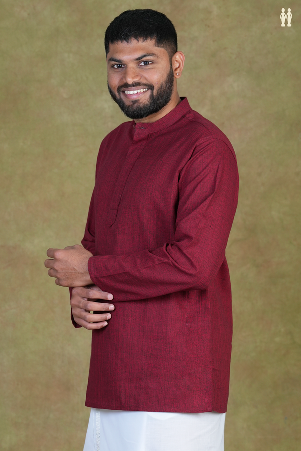 Chinese Collar Plain Burgundy Red Cotton Short Kurta