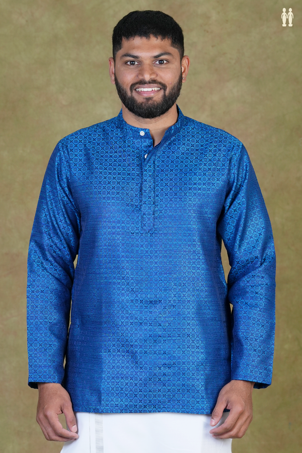 Chinese Collar Threadwork Blue Semi Banarasi Silk Short Kurta