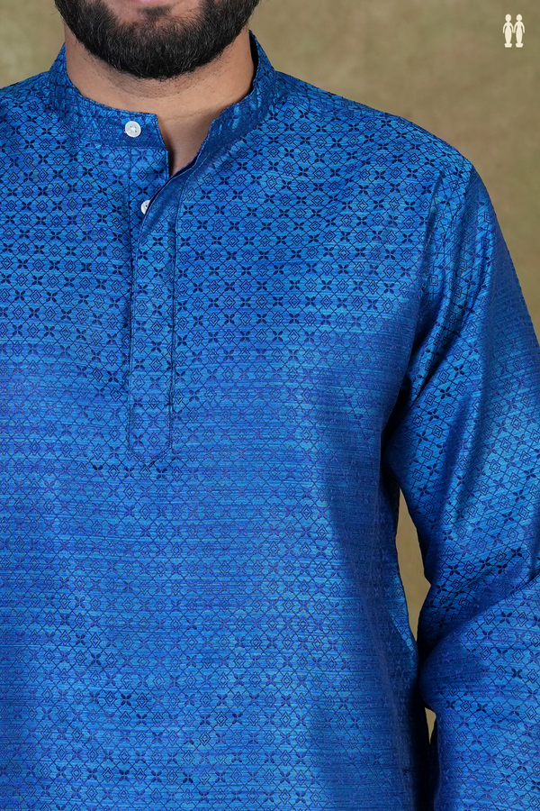 Chinese Collar Threadwork Blue Semi Banarasi Silk Short Kurta