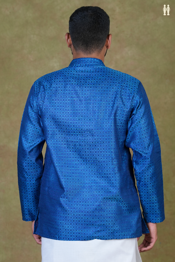 Chinese Collar Threadwork Blue Semi Banarasi Silk Short Kurta