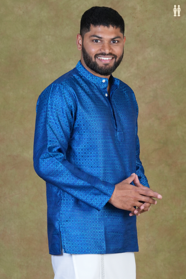 Chinese Collar Threadwork Blue Semi Banarasi Silk Short Kurta