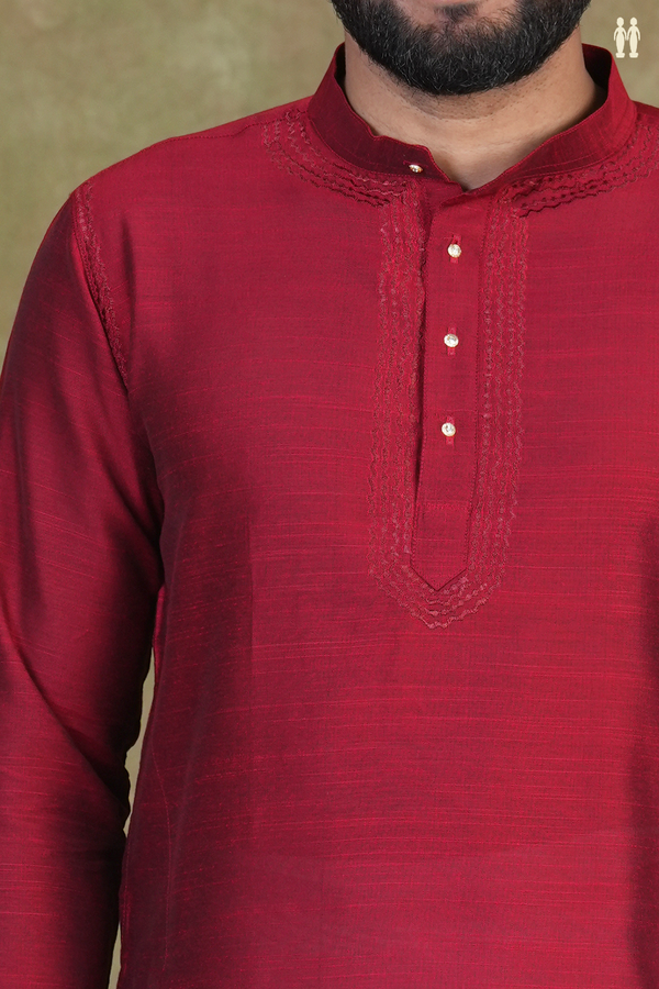 Chinese Collar Plain Burgundy Red Raw Silk Short Kurta