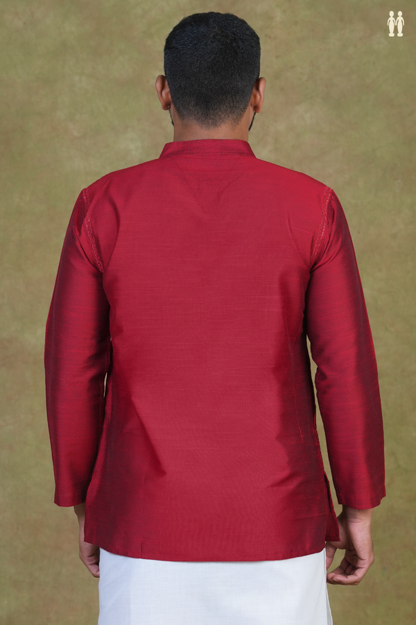 Chinese Collar Plain Burgundy Red Raw Silk Short Kurta