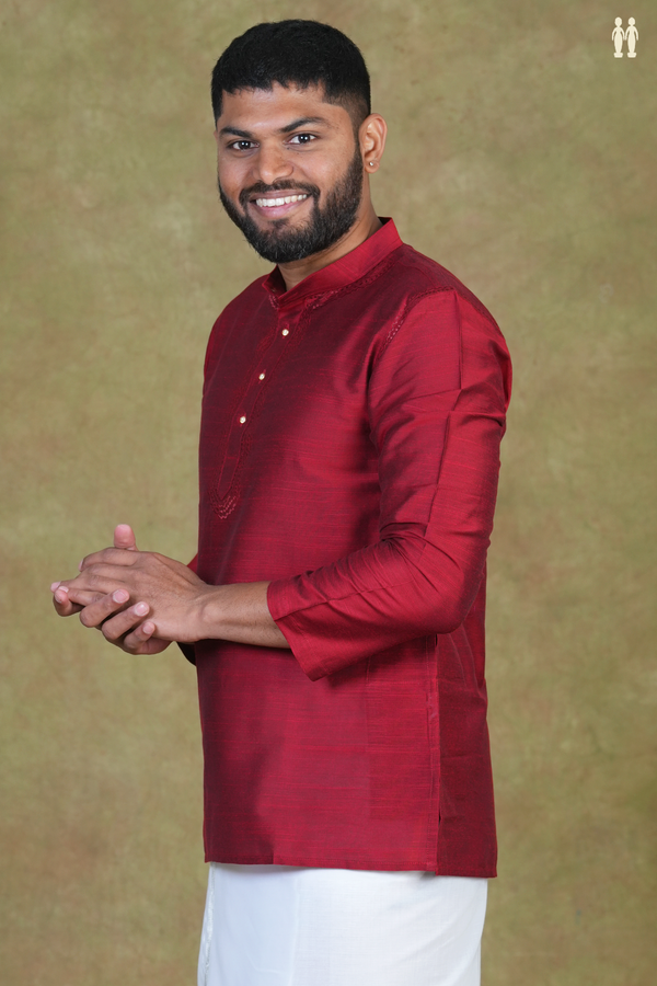 Chinese Collar Plain Burgundy Red Raw Silk Short Kurta