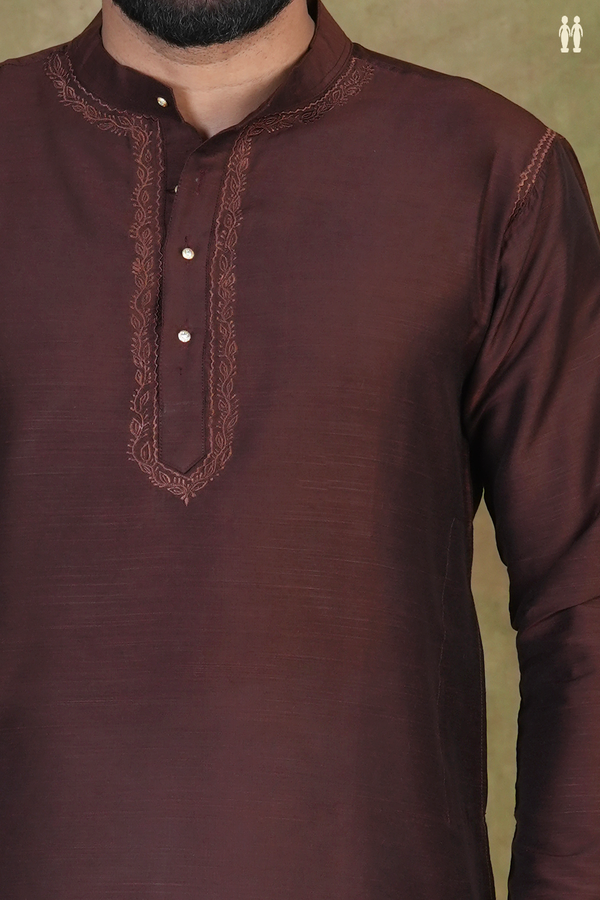 Chinese Collar Plain Coffee Brown Raw Silk Short Kurta