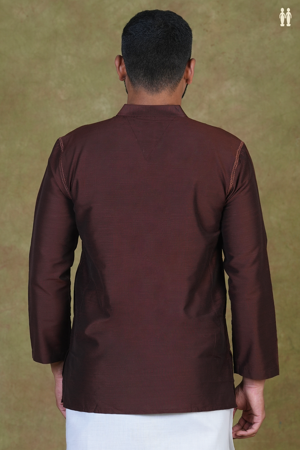 Chinese Collar Plain Coffee Brown Raw Silk Short Kurta