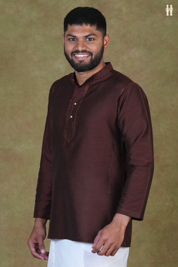 Chinese Collar Plain Coffee Brown Raw Silk Short Kurta