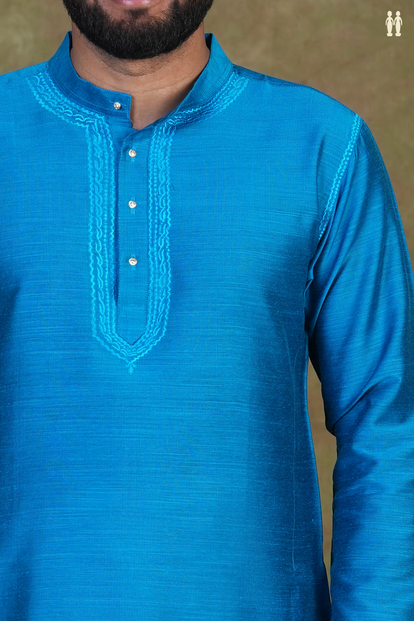 Chinese Collar Plain Cerulean Blue Raw Silk Short Kurta