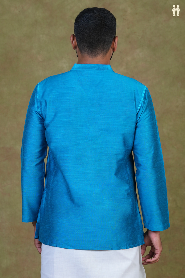 Chinese Collar Plain Cerulean Blue Raw Silk Short Kurta