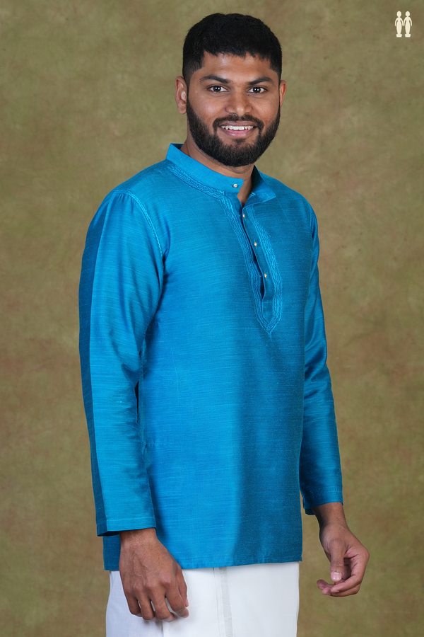 Chinese Collar Plain Cerulean Blue Raw Silk Short Kurta