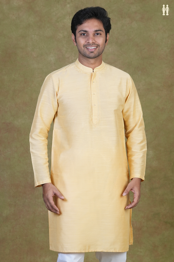 Chinese Collar Plain Tan Color Raw Silk Long Kurta