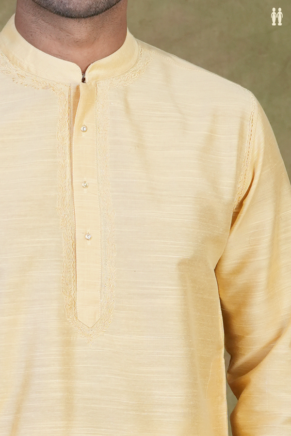 Chinese Collar Plain Tan Color Raw Silk Long Kurta