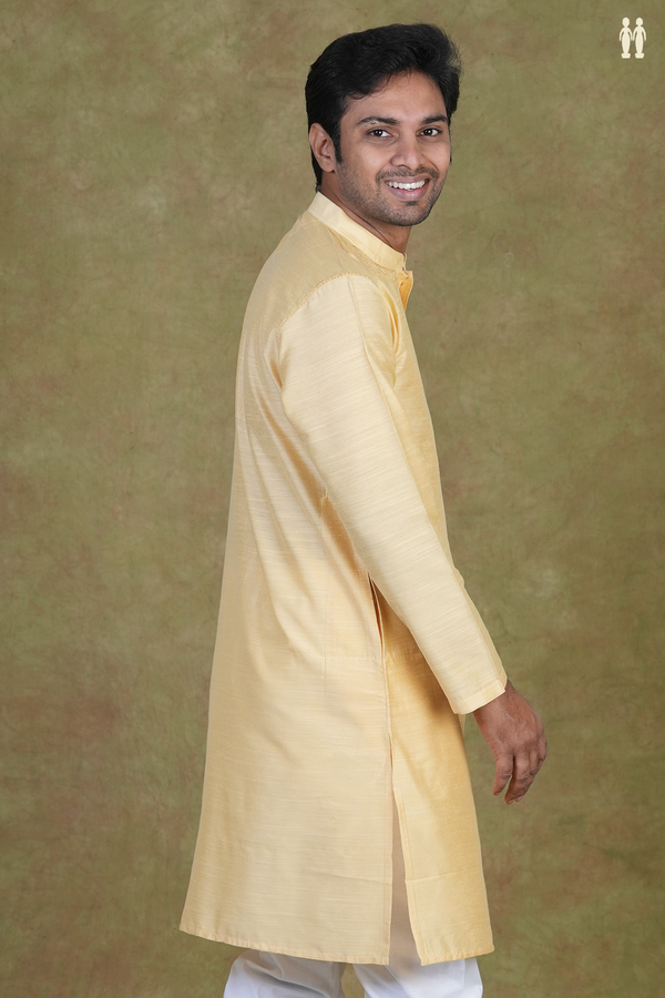 Chinese Collar Plain Tan Color Raw Silk Long Kurta