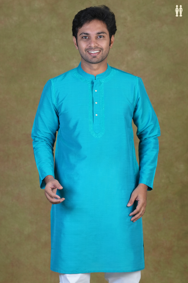 Chinese Collar Plain Peacock Blue Raw Silk Long Kurta