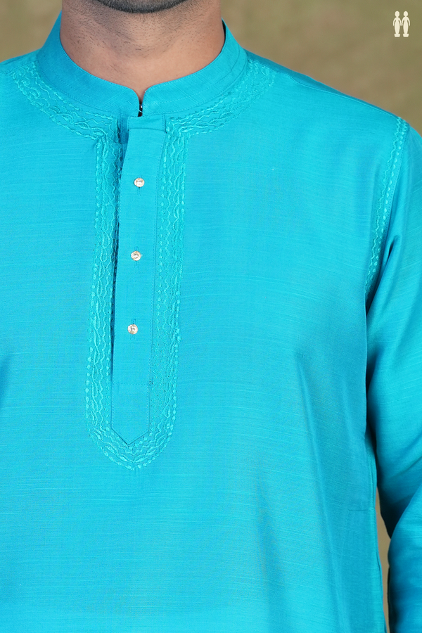 Chinese Collar Plain Peacock Blue Raw Silk Long Kurta