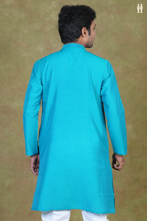 Chinese Collar Plain Peacock Blue Raw Silk Long Kurta