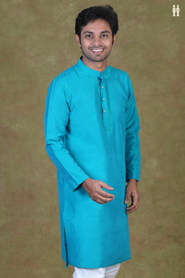 Chinese Collar Plain Peacock Blue Raw Silk Long Kurta