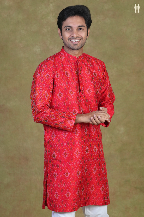 Chinese Collar Ikat Design Red Raw Silk Long Kurta