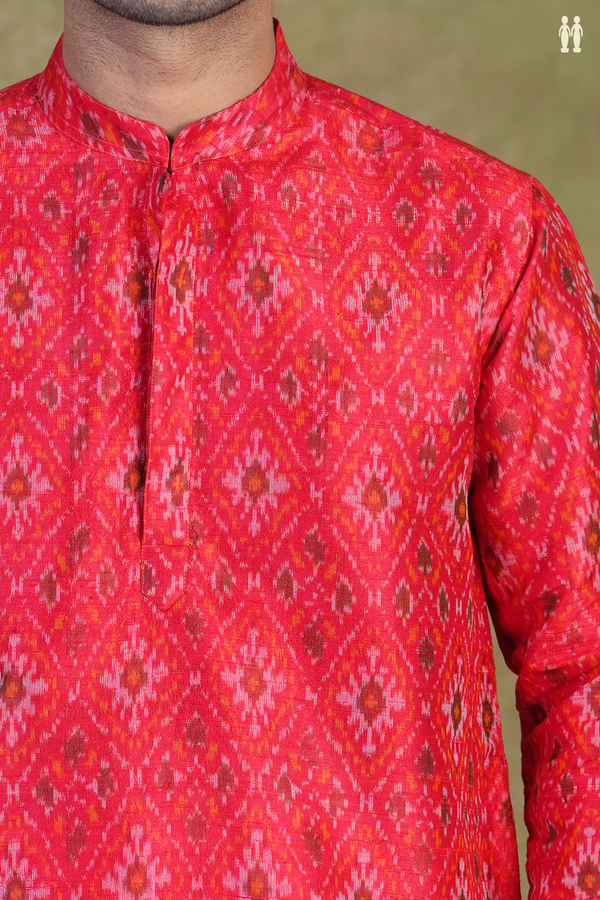 Chinese Collar Ikat Design Red Raw Silk Long Kurta